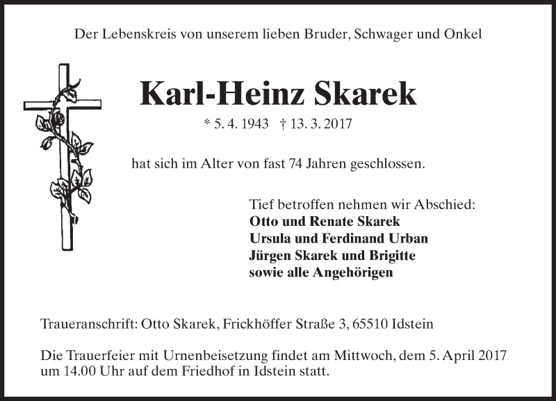  Traueranzeige für Karl-Heinz Skarek vom 01.04.2017 aus Trauerportal Rhein Main Presse