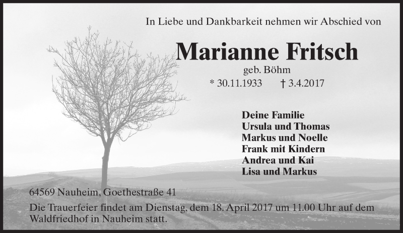  Traueranzeige für Marianne Fritsch vom 08.04.2017 aus Trauerportal Echo Online