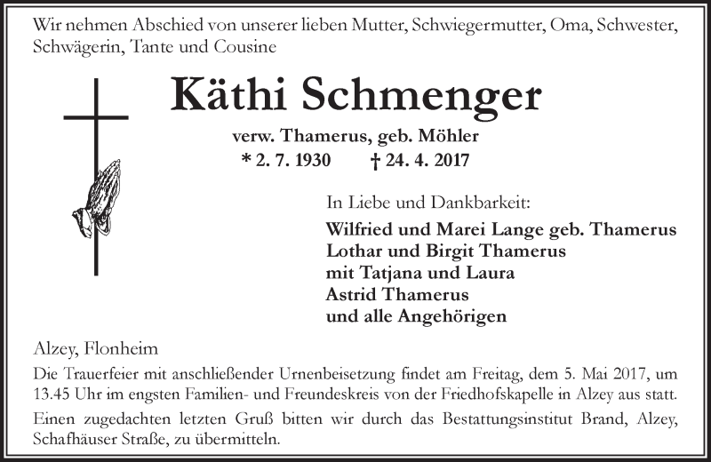  Traueranzeige für Käthi Schmenger vom 26.04.2017 aus Trauerportal Rhein Main Presse