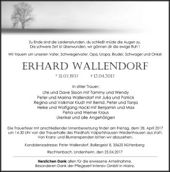 Traueranzeige von Erhard Wallendorf von Trauerportal Rhein Main Presse