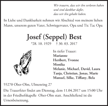 Traueranzeige von Josef  Best von Trauerportal Rhein Main Presse