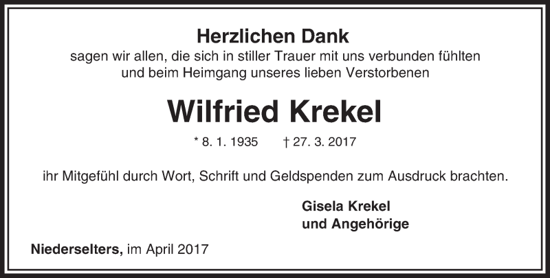  Traueranzeige für Wilfried Krekel vom 20.04.2017 aus  Camberger Anzeiger