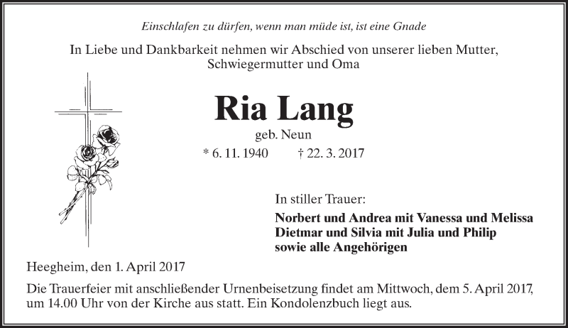  Traueranzeige für Ria Lang vom 01.04.2017 aus  Kreisanzeiger