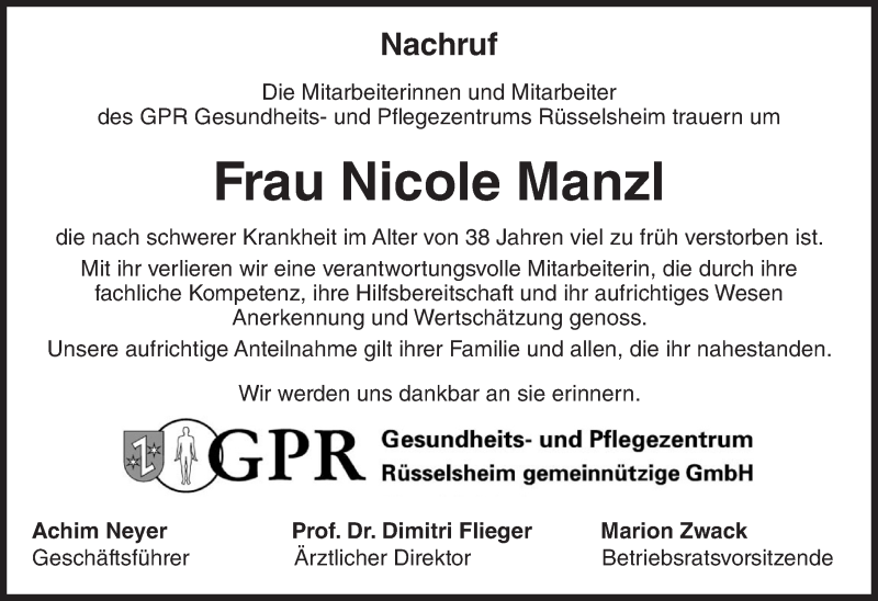  Traueranzeige für Nicole Manzl vom 29.04.2017 aus Trauerportal Rhein Main Presse