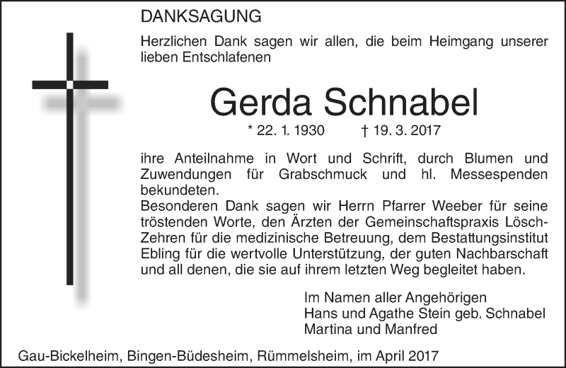  Traueranzeige für Gerda Schnabel vom 22.04.2017 aus Trauerportal Rhein Main Presse