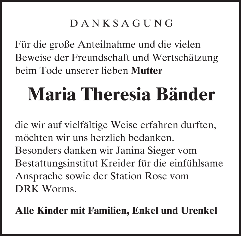  Traueranzeige für Maria Theresia Bänder vom 31.05.2017 aus Trauerportal Echo Online