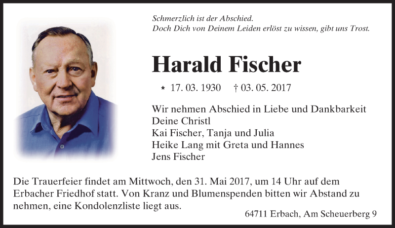  Traueranzeige für Harald Fischer vom 20.05.2017 aus Trauerportal Echo Online