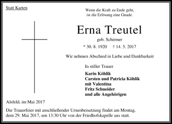 Traueranzeige von Erna Treutel von VRM Trauer