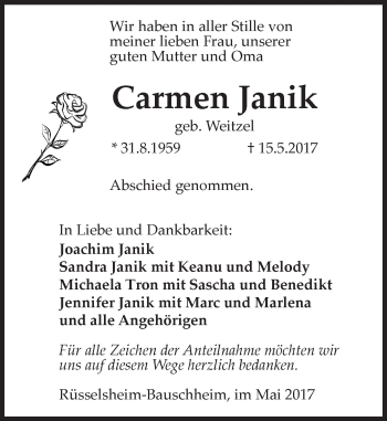 Traueranzeige von Carmen Janik von Trauerportal Rhein Main Presse