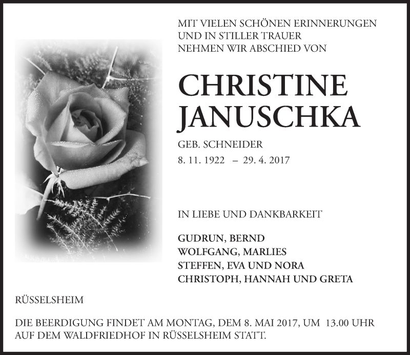  Traueranzeige für Christine Januschka vom 03.05.2017 aus Trauerportal Rhein Main Presse