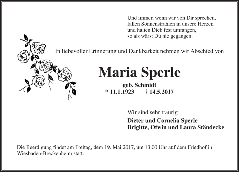  Traueranzeige für Maria Sperle vom 17.05.2017 aus Trauerportal Rhein Main Presse