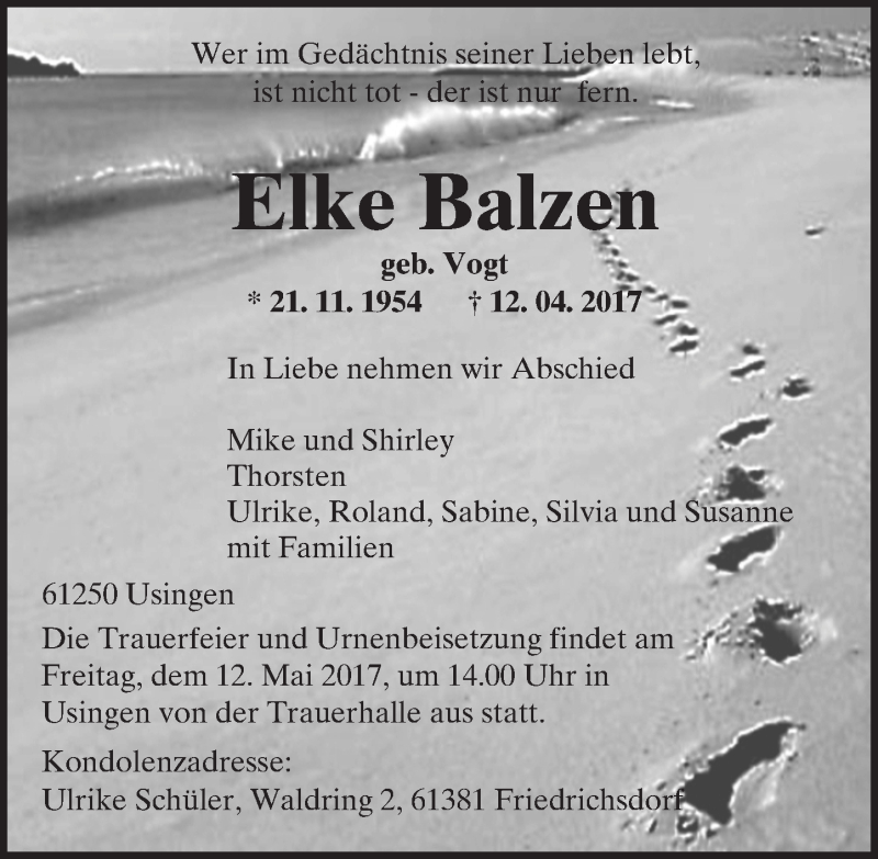 Traueranzeige für Elke Balzen vom 06.05.2017 aus  Usinger Anzeiger