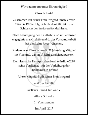 Traueranzeige von Klaus Schmidt von  Gießener Anzeiger