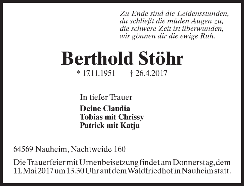  Traueranzeige für Berthold Stöhr vom 05.05.2017 aus Trauerportal Rhein Main Presse