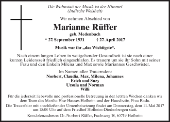 Traueranzeige von Marianne Rüffer von Trauerportal Rhein Main Presse
