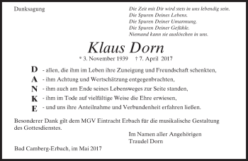 Traueranzeige von Klaus Dorn von  Camberger Anzeiger