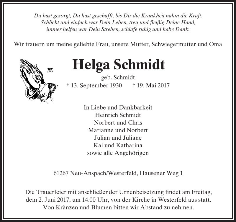  Traueranzeige für Helga Schmidt vom 27.05.2017 aus  Usinger Anzeiger