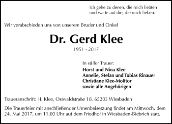 Traueranzeige von Gerd Klee von Trauerportal Rhein Main Presse