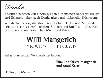Traueranzeige von Willi Mangerich von Trauerportal Rhein Main Presse