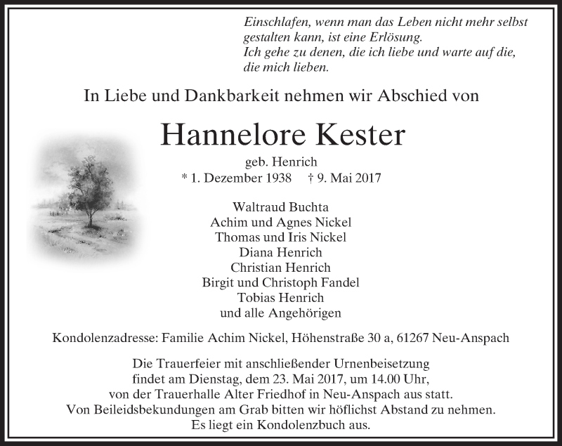  Traueranzeige für Hannelore Kester vom 18.05.2017 aus  Usinger Anzeiger
