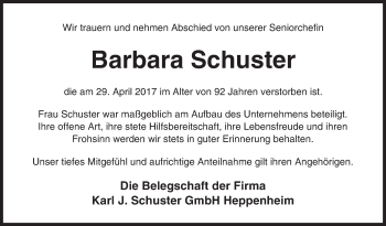 Traueranzeige von Barbara Schuster von Trauerportal Echo Online