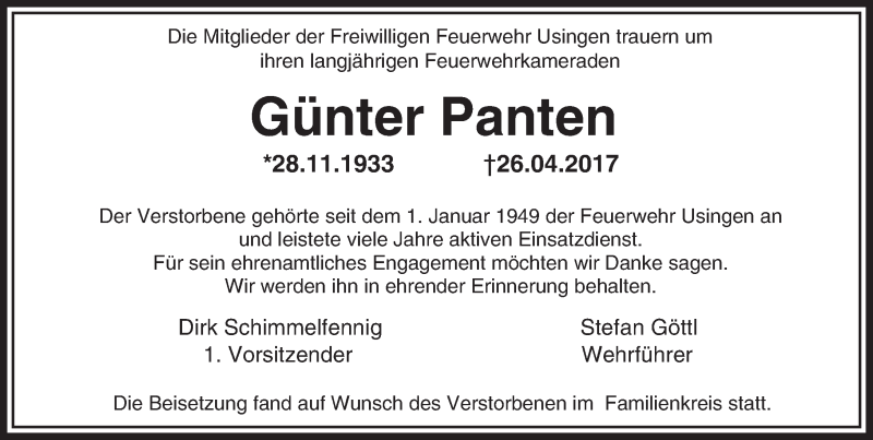  Traueranzeige für Günter Panten vom 06.05.2017 aus  Usinger Anzeiger