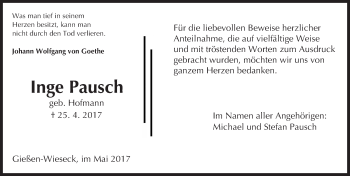 Traueranzeige von Inge Pausch von  Gießener Anzeiger