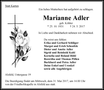 Traueranzeige von Marianne Adler von VRM Trauer