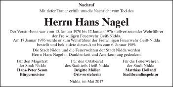 Traueranzeige von Hans Nagel von  Kreisanzeiger