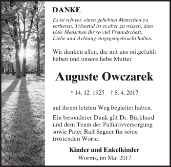 Traueranzeige von Auguste Owczarek von Trauerportal Rhein Main Presse