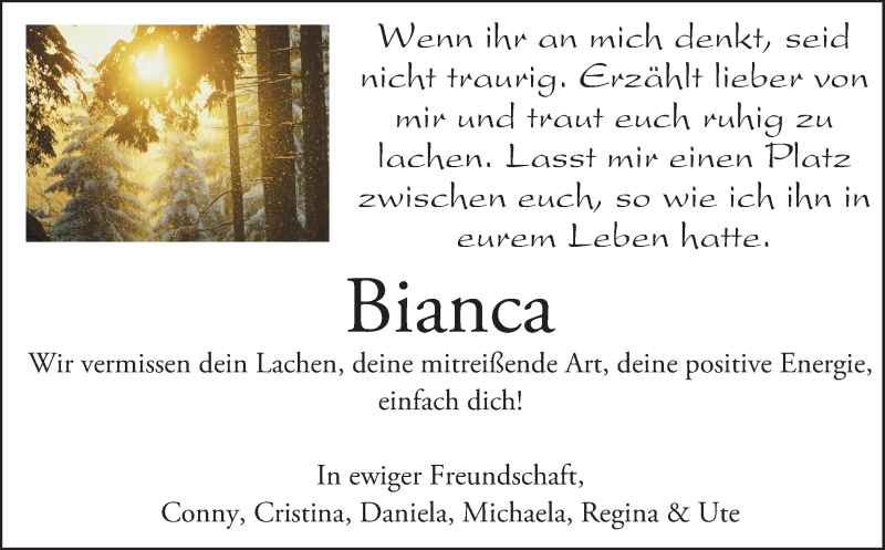  Traueranzeige für Bianca  vom 20.05.2017 aus Trauerportal Rhein Main Presse