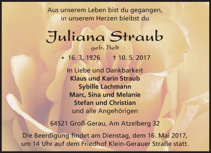  Traueranzeige für Juliana Straub vom 13.05.2017 aus Trauerportal Echo Online