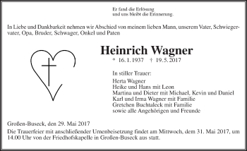 Traueranzeige von Heinrich Wagner von  Gießener Anzeiger