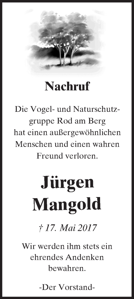  Traueranzeige für Jürgen Mangold vom 23.05.2017 aus  Usinger Anzeiger