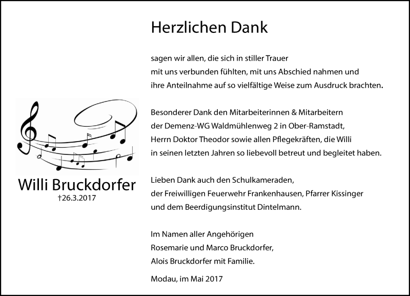  Traueranzeige für Willi Bruckdorfer vom 06.05.2017 aus Trauerportal Echo Online