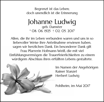 Traueranzeige von Johanne Ludwig von  Gießener Anzeiger