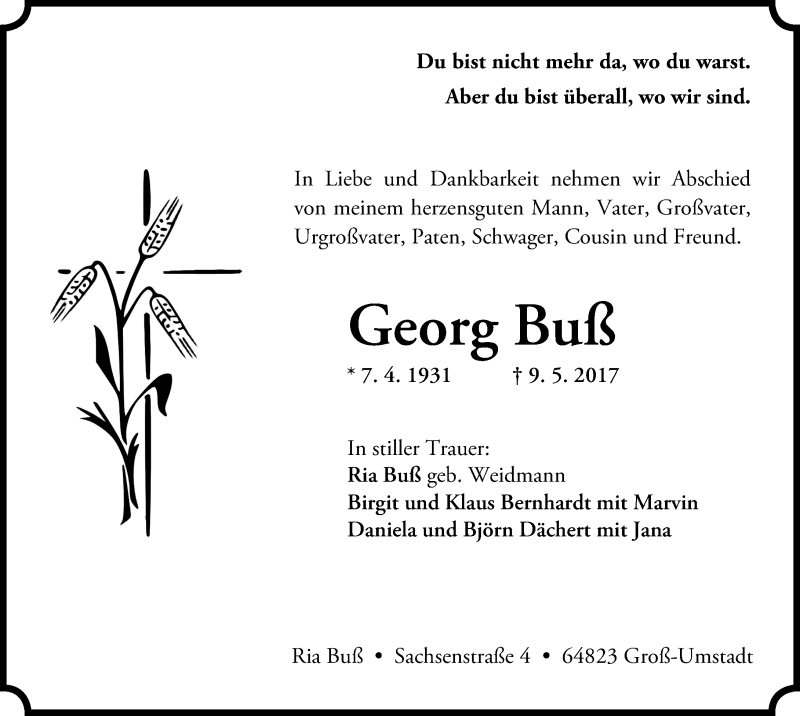  Traueranzeige für Georg Buß vom 12.05.2017 aus Trauerportal Echo Online