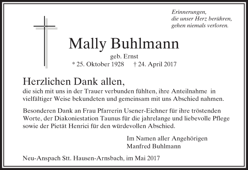  Traueranzeige für Mally Buhlmann vom 27.05.2017 aus  Usinger Anzeiger