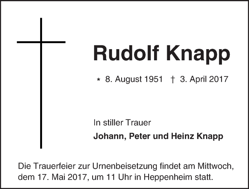  Traueranzeige für Rudolf Knapp vom 13.05.2017 aus Trauerportal Echo Online