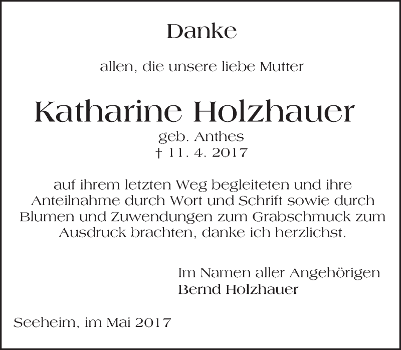  Traueranzeige für Katharine Holzhauer vom 20.05.2017 aus Trauerportal Echo Online