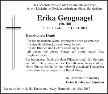 Traueranzeige von Erika Gengnagel von Trauerportal Rhein Main Presse