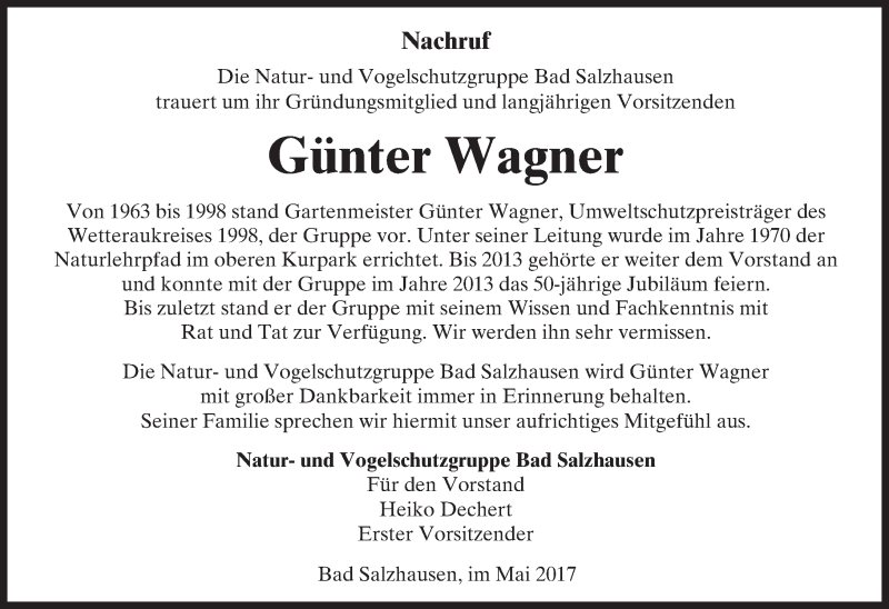  Traueranzeige für Günter Wagner vom 27.05.2017 aus  Kreisanzeiger