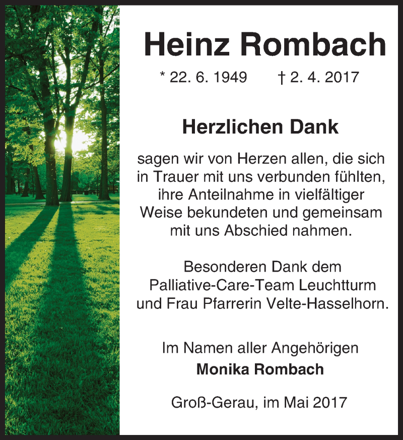  Traueranzeige für Heinz Rombach vom 06.05.2017 aus Trauerportal Echo Online