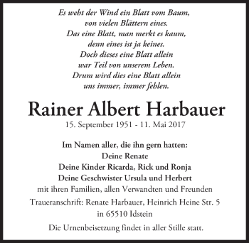 Traueranzeige von Rainer Albert Harbauer von Trauerportal Rhein Main Presse