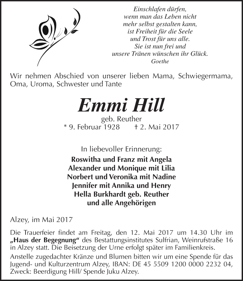  Traueranzeige für Emmi Hill vom 09.05.2017 aus Trauerportal Rhein Main Presse