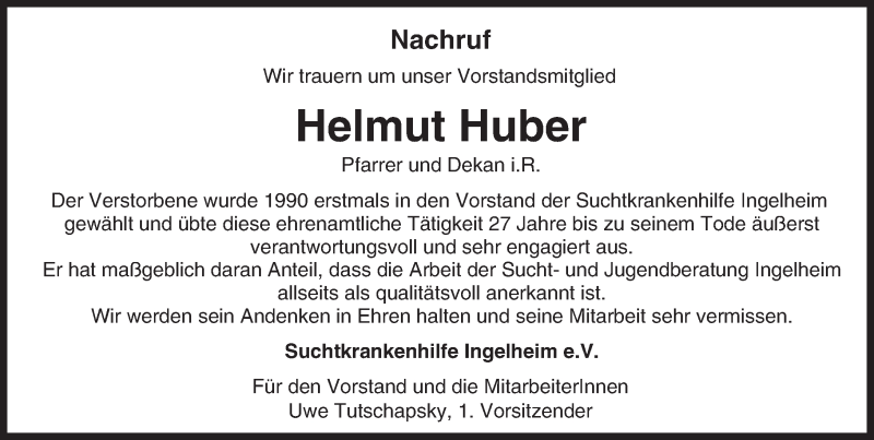  Traueranzeige für Helmut Huber vom 06.05.2017 aus Trauerportal Rhein Main Presse
