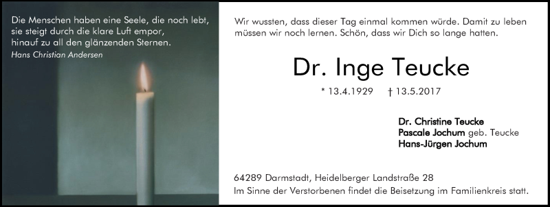  Traueranzeige für Inge Teucke vom 20.05.2017 aus Trauerportal Echo Online