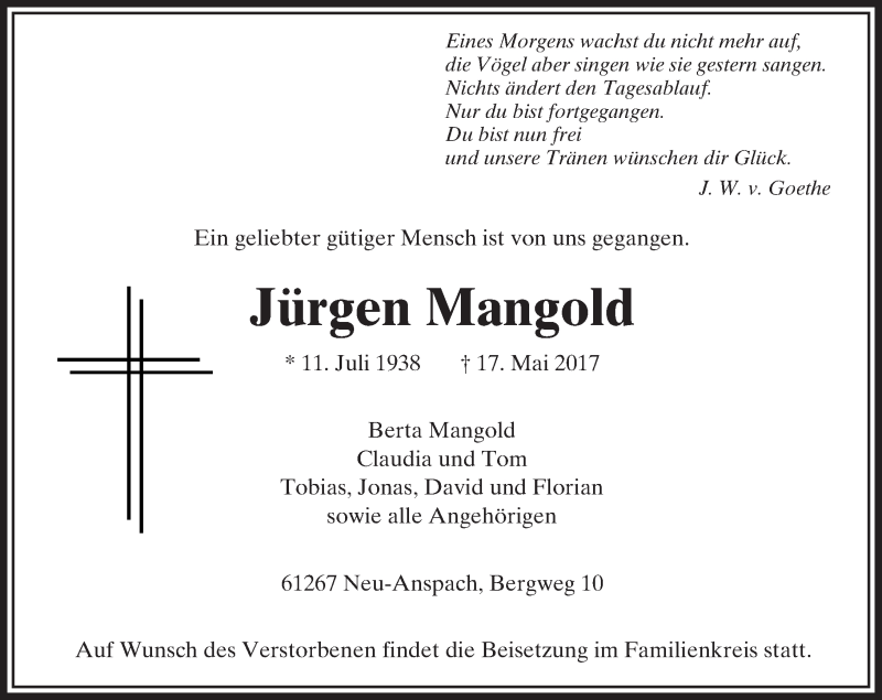  Traueranzeige für Jürgen Mangold vom 20.05.2017 aus  Usinger Anzeiger