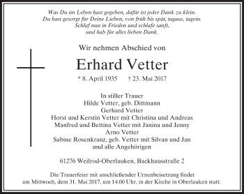 Traueranzeige von Erhard Vetter von  Usinger Anzeiger