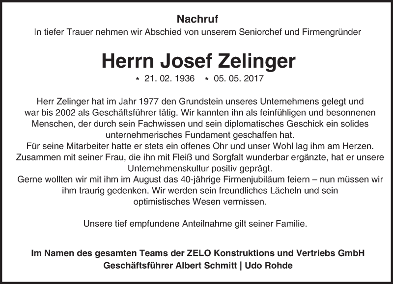  Traueranzeige für Josef Zelinger vom 13.05.2017 aus Trauerportal Echo Online